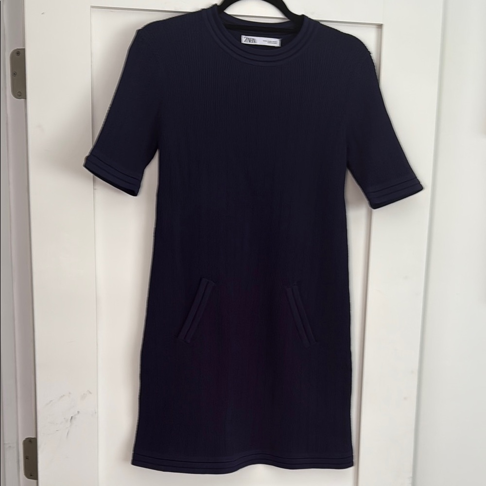 Zara Blue Knit Dress Crew Neck Short Sleeve